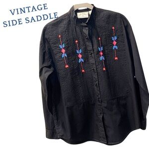 VTG Side Saddle Black Embroidered Western Shirt M Boho Cowgirl Rodeo